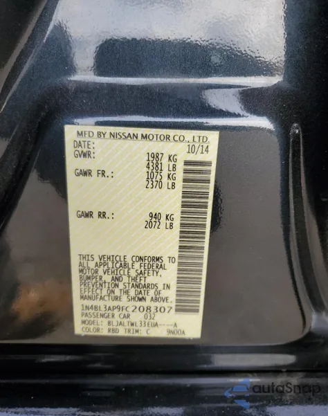 2015 Nissan Altima 3.5S from USA, damaged, VIN 1N4BL3AP9FC208307